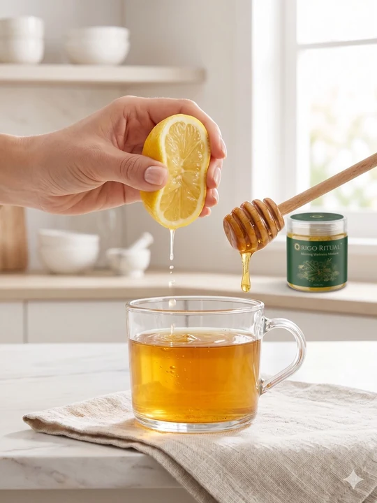 Step 3 of the Origo Ritual morning drink: Add a spoonful of honey & squeeze half a fresh lemon.