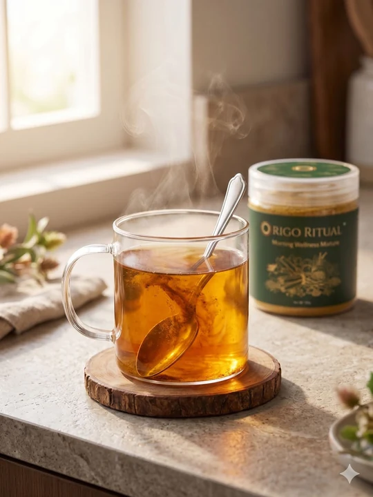 Step 2 of the Origo Ritual morning drink: Mix it thoroughly into a glass of warm or boiling water.