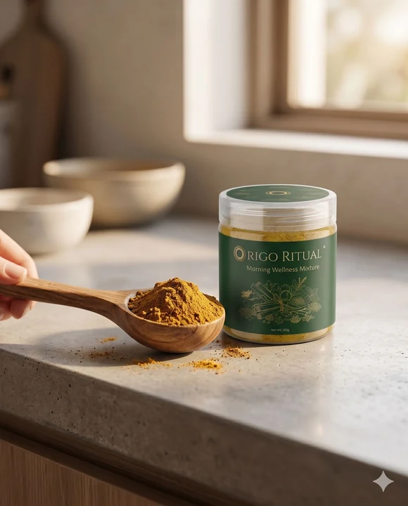 Step 1 of the Origo Ritual morning drink: Take 1-2 tsp of the Origo Ritual powder.